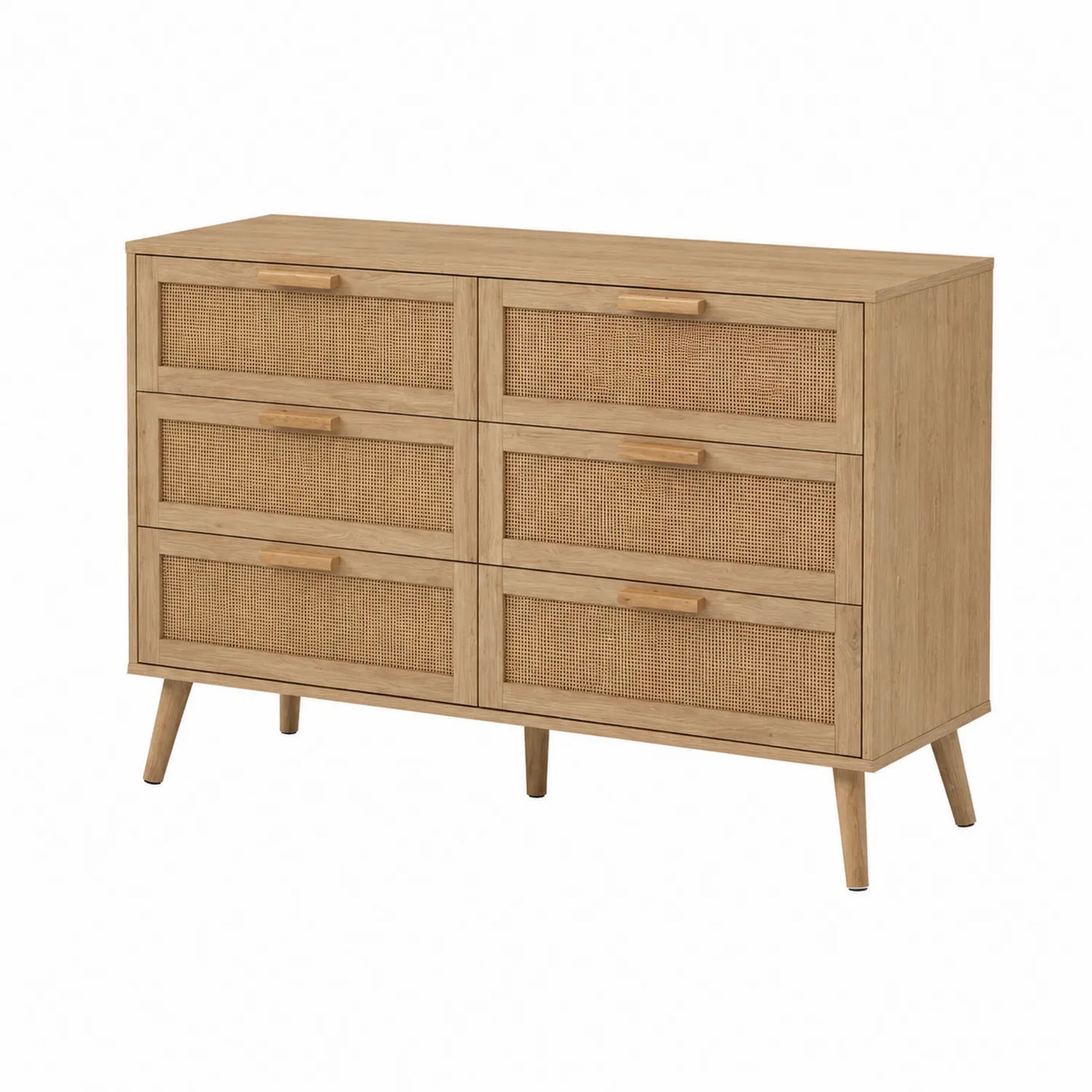 Kommode mit 6 Schubladen aus Hevea-Holz und Rattan