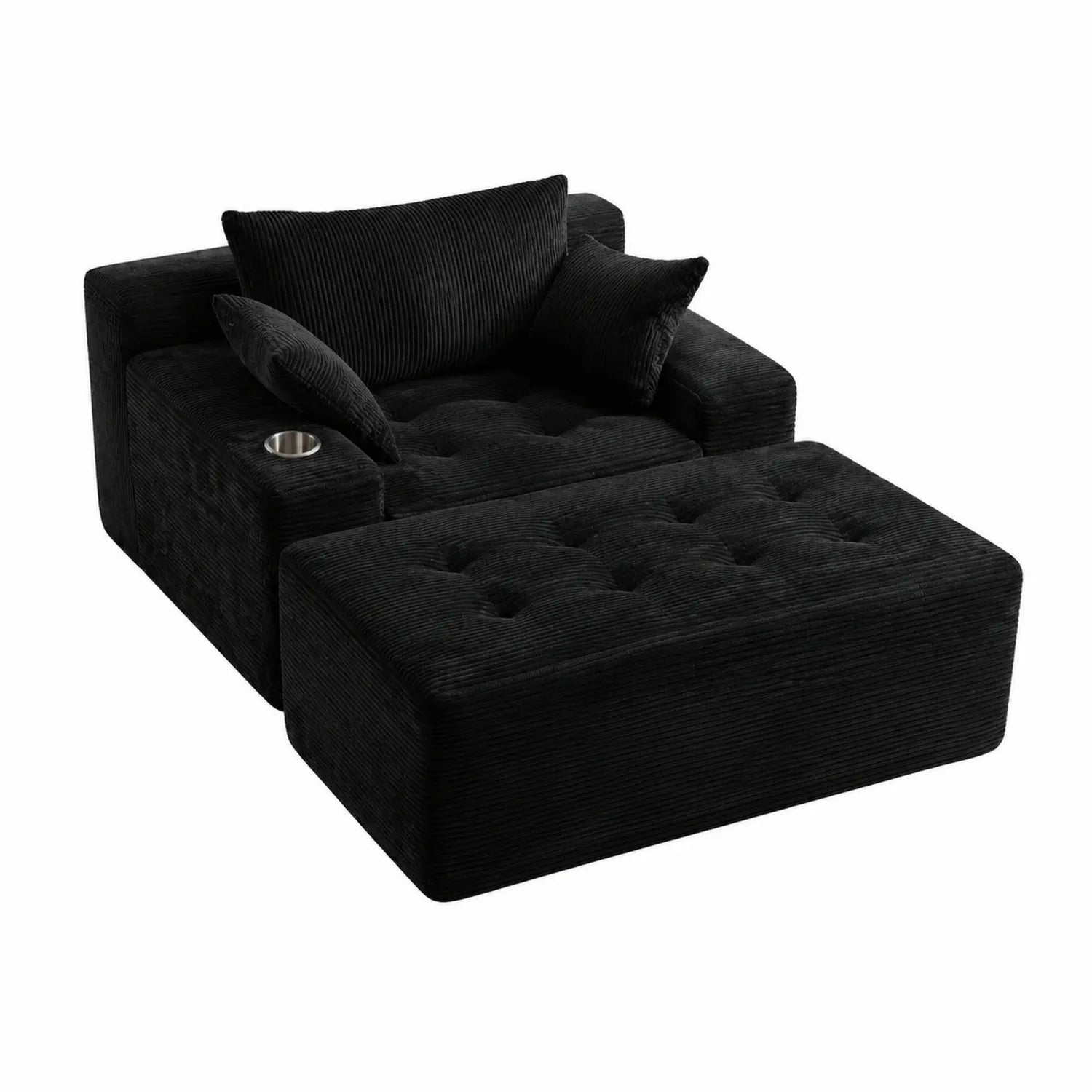 Cord-Sofa mit Hocker und Kissen, Schwarz