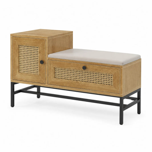 Holzbank mit Rattan und Metallrahmen, 120x45x60 cm