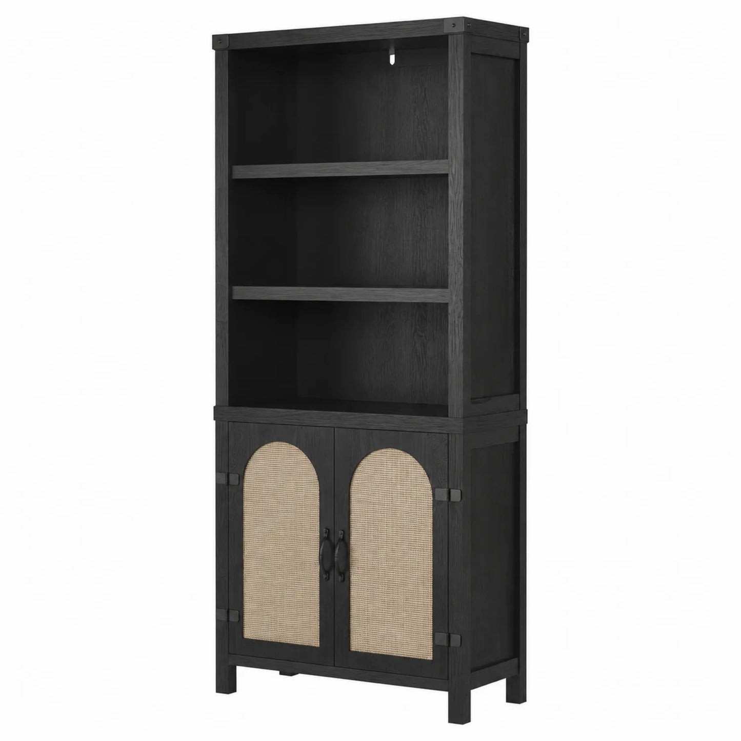 Holzregal Schwarz mit Stofftüren 180 cm