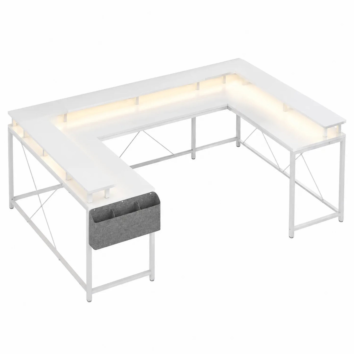 Eckschreibtisch L-Form mit Regal Weiß LED-Licht Metall Baumwolle