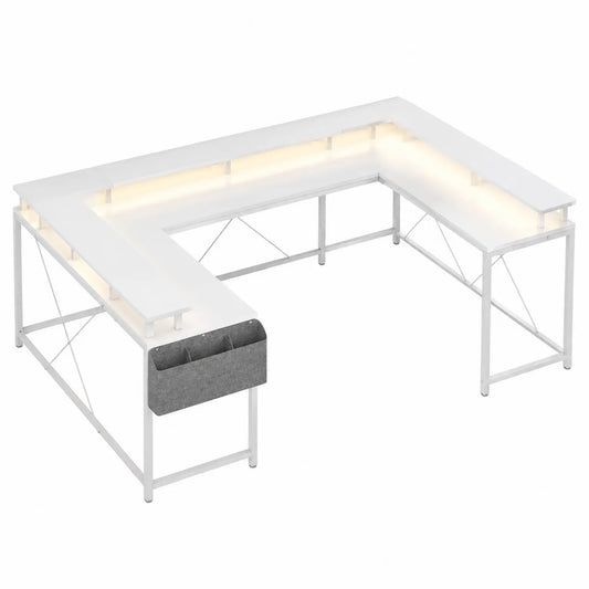 Eckschreibtisch L-Form mit Regal Weiß LED-Licht Metall Baumwolle